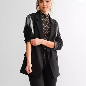 BLACK RHINESTONE FRINGE OPEN FRONT BLAZER SIZE LARGE NWOT